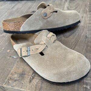 Birkenstock Taupe Suede Clogs with Buckle